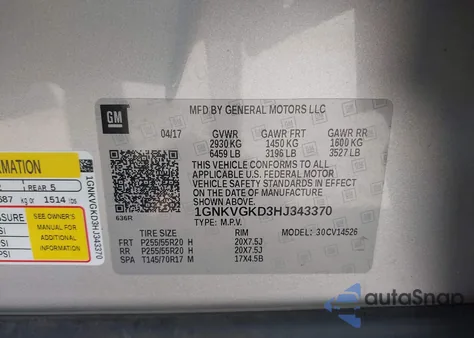 2017 Chevrolet Traverse 1Lt from USA, damaged, VIN 1GNKVGKD3HJ343370